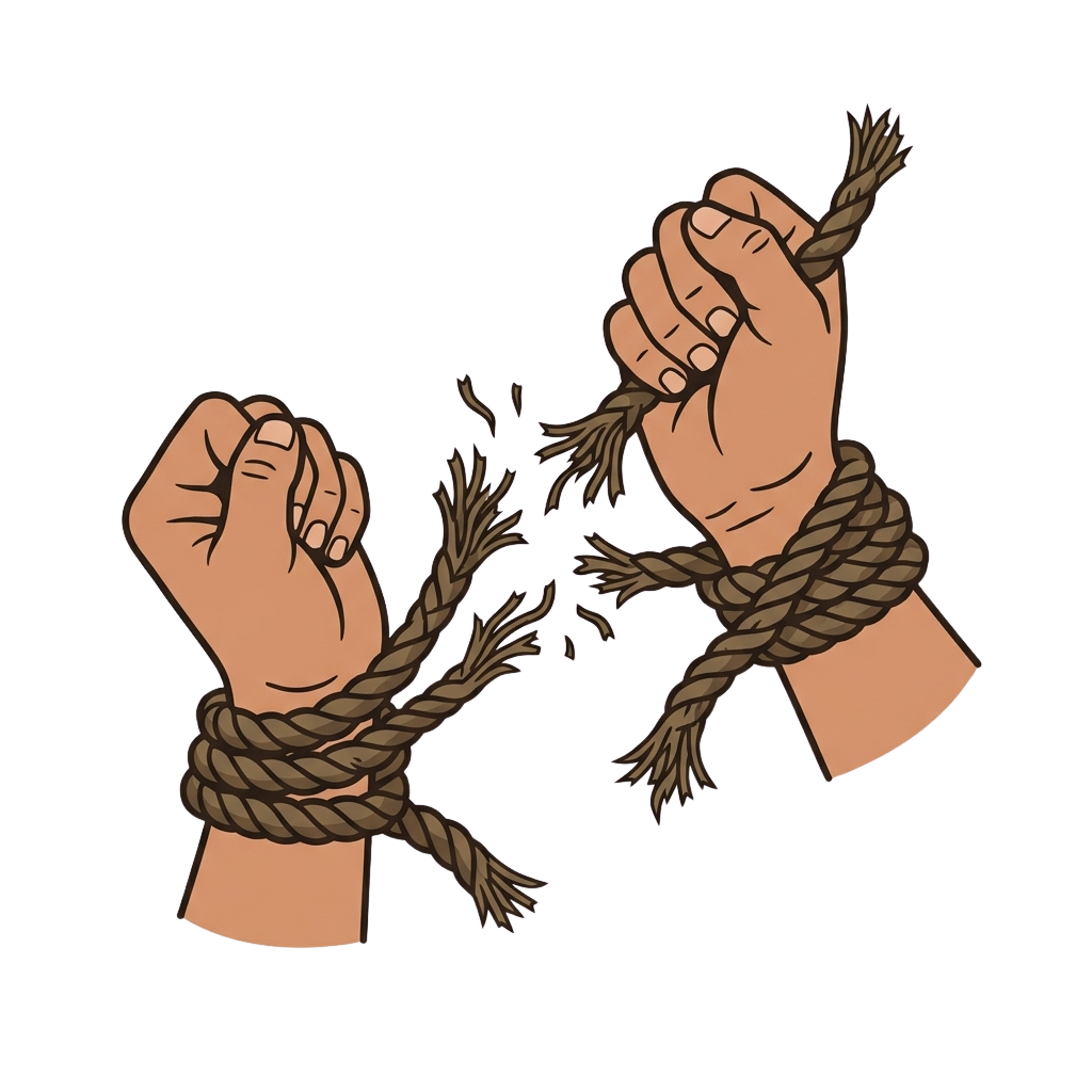 Illustration of two fists gripping and breaking a rope tied around their wrists, symbolizing liberation and togetherness.