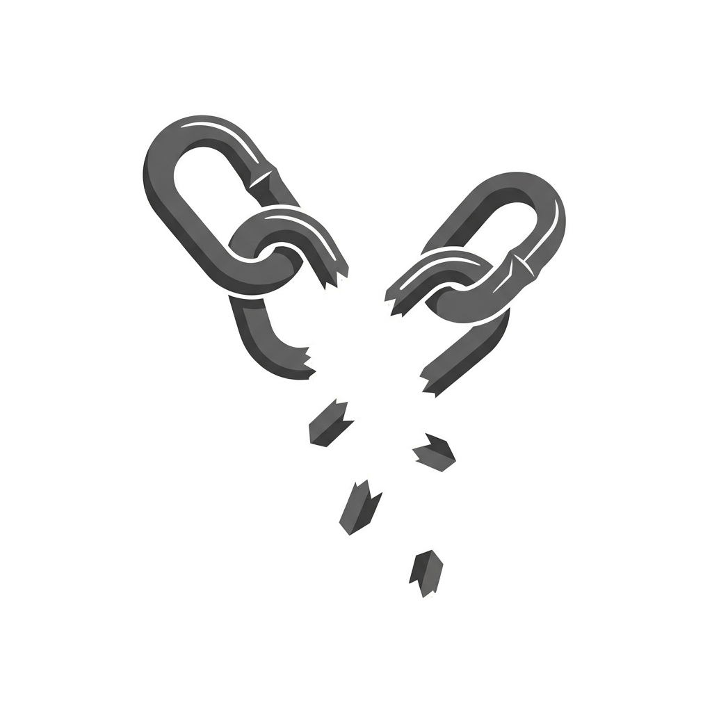 Two broken chain links with their connecting link pieces scattered below on a black background