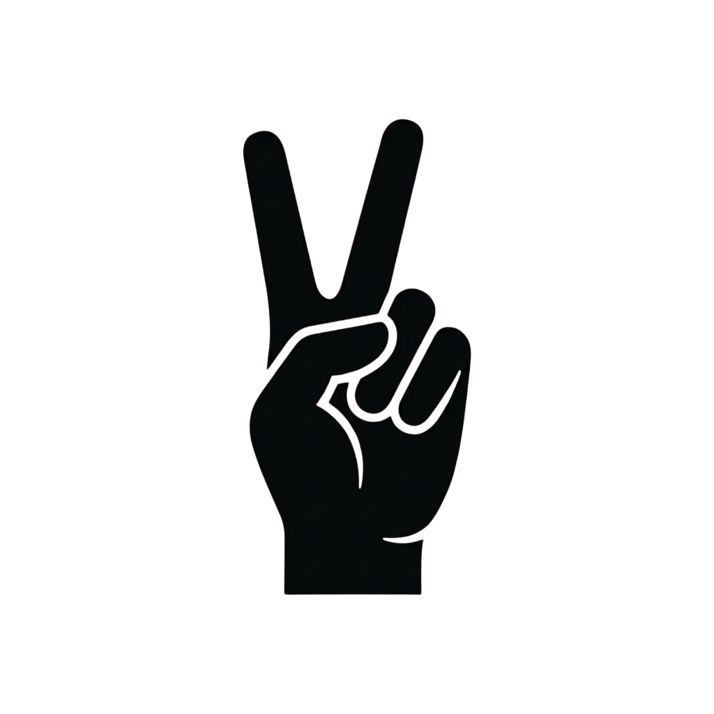 A hand making a peace or victory sign against a dark background