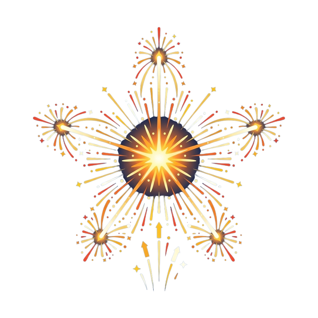 A vibrant fireworks explosion forming a starburst shape with bright colors against a dark background