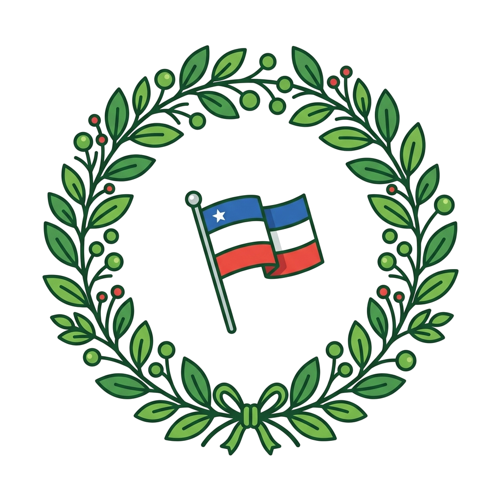 Illustration of the Samoa flag waving inside a green laurel wreath with red berries