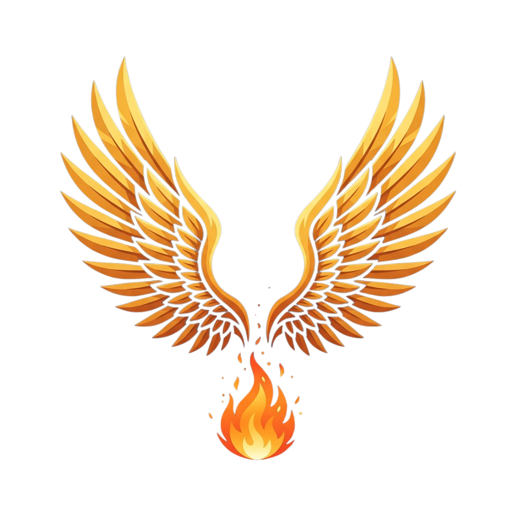 Illustration of golden phoenix wings with fire emerging from the center