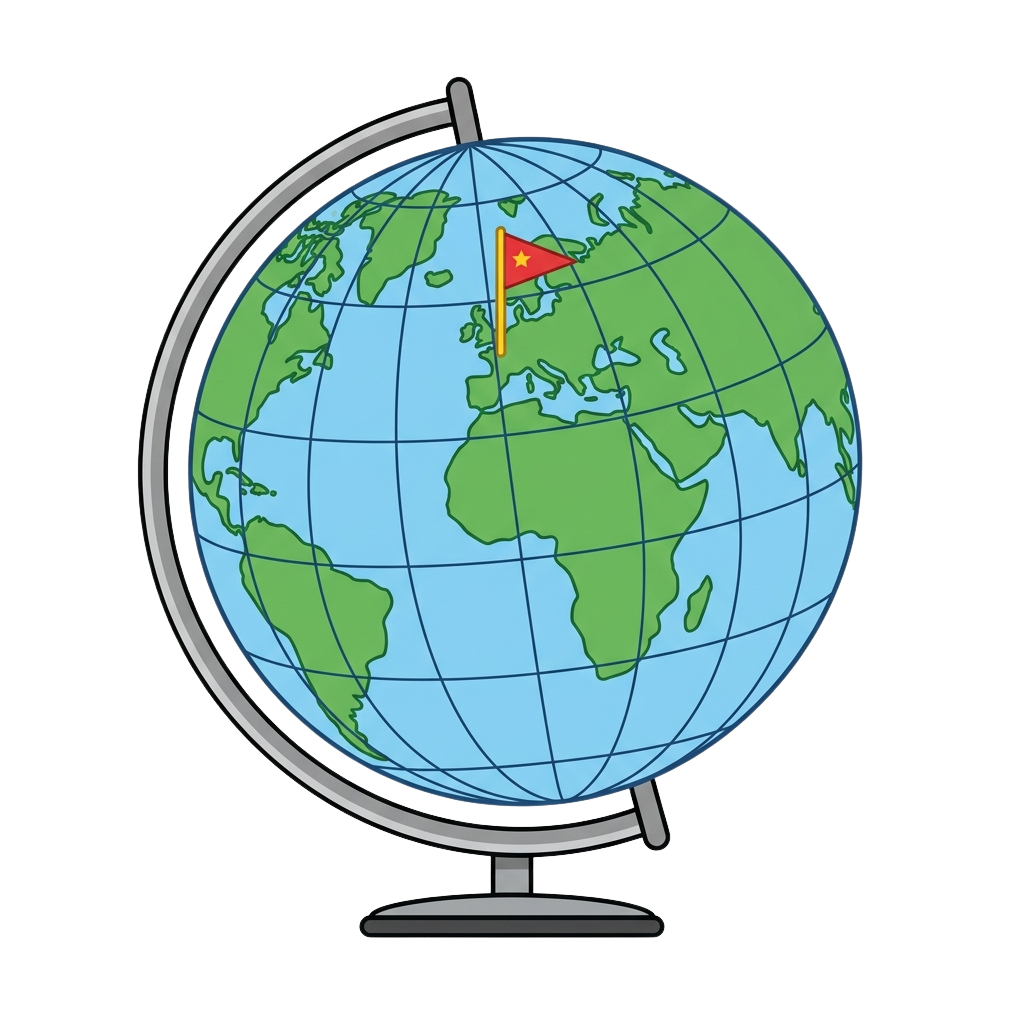 Illustration of a globe with a flag marking the border area between Eastern Europe and Asia