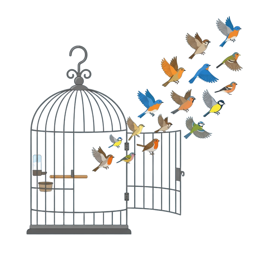 Illustration of colorful birds escaping from an open birdcage