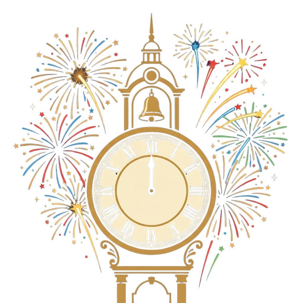 Illustration of a clock tower with fireworks exploding around it against a dark background