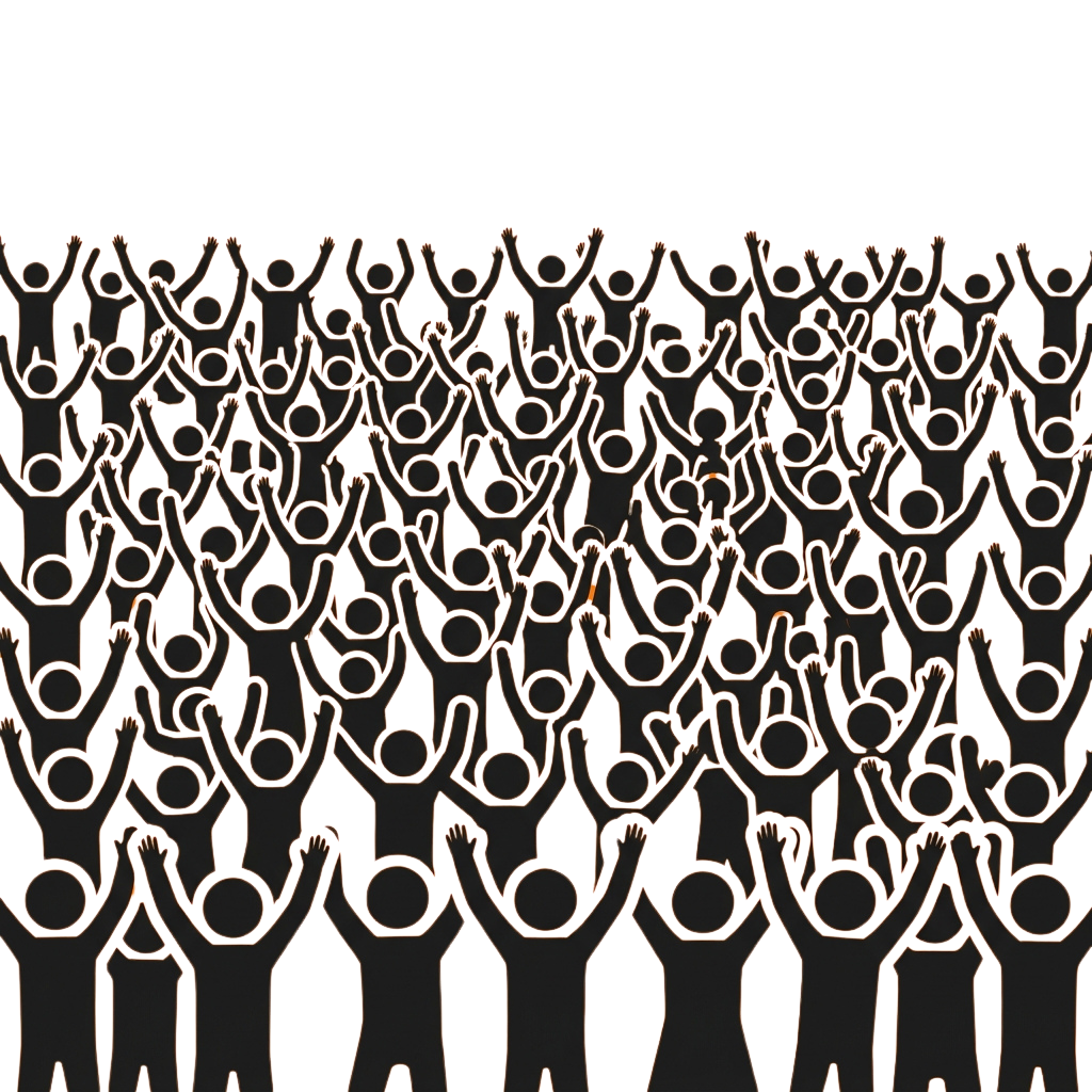 A stylized illustration of numerous abstract human figures with raised arms against a dark background