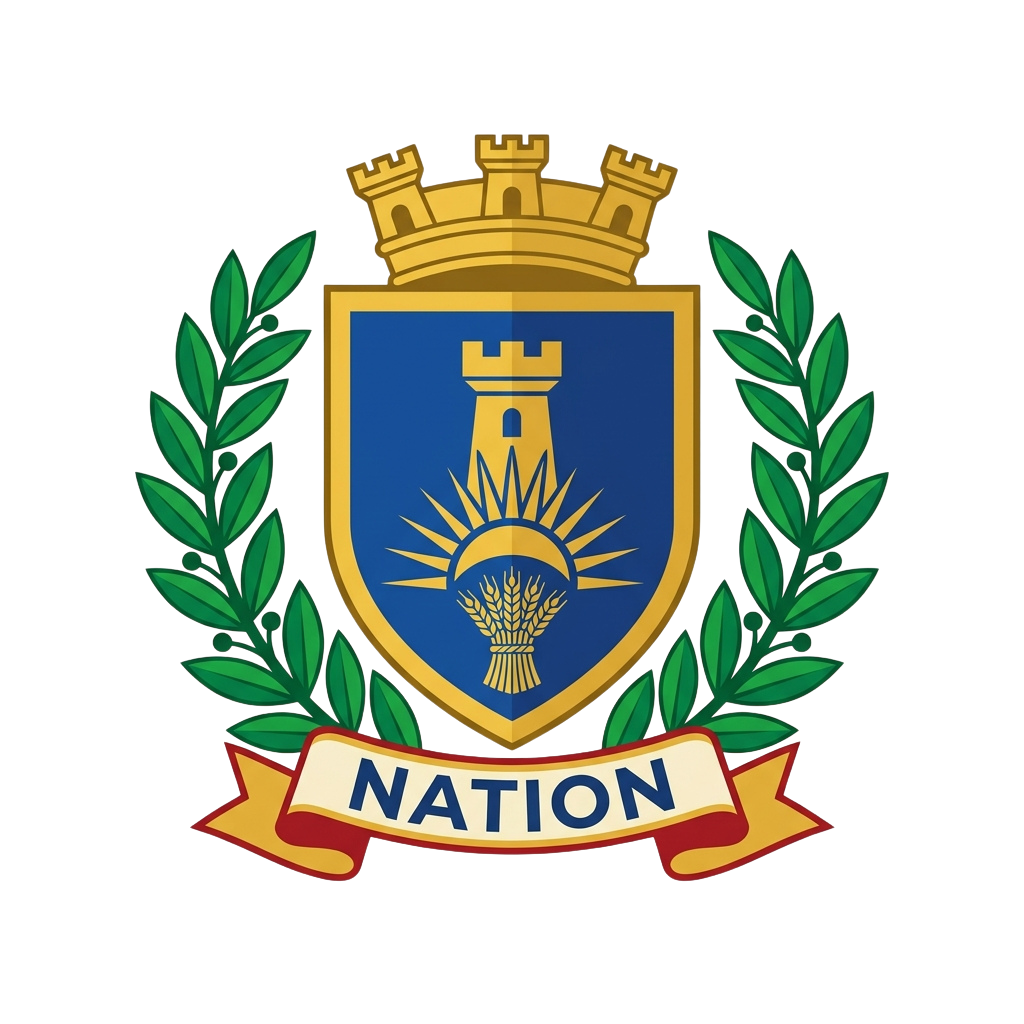 Coat of arms featuring a blue shield with a castle, wheat sheaf, sun rays, and golden crown, flanked by laurel branches and a banner with the word Nation