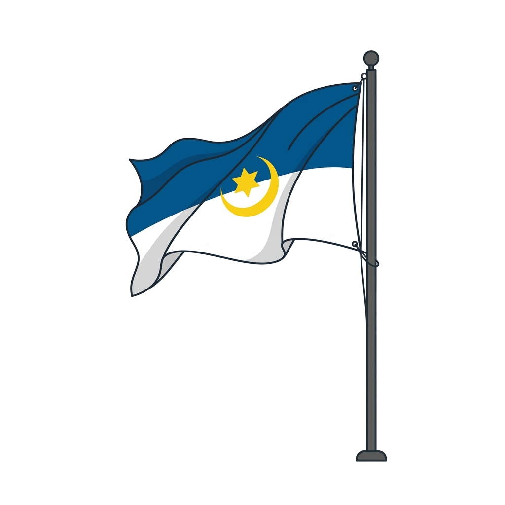 Flag waving on a pole featuring blue, white, and a yellow crescent moon with a star