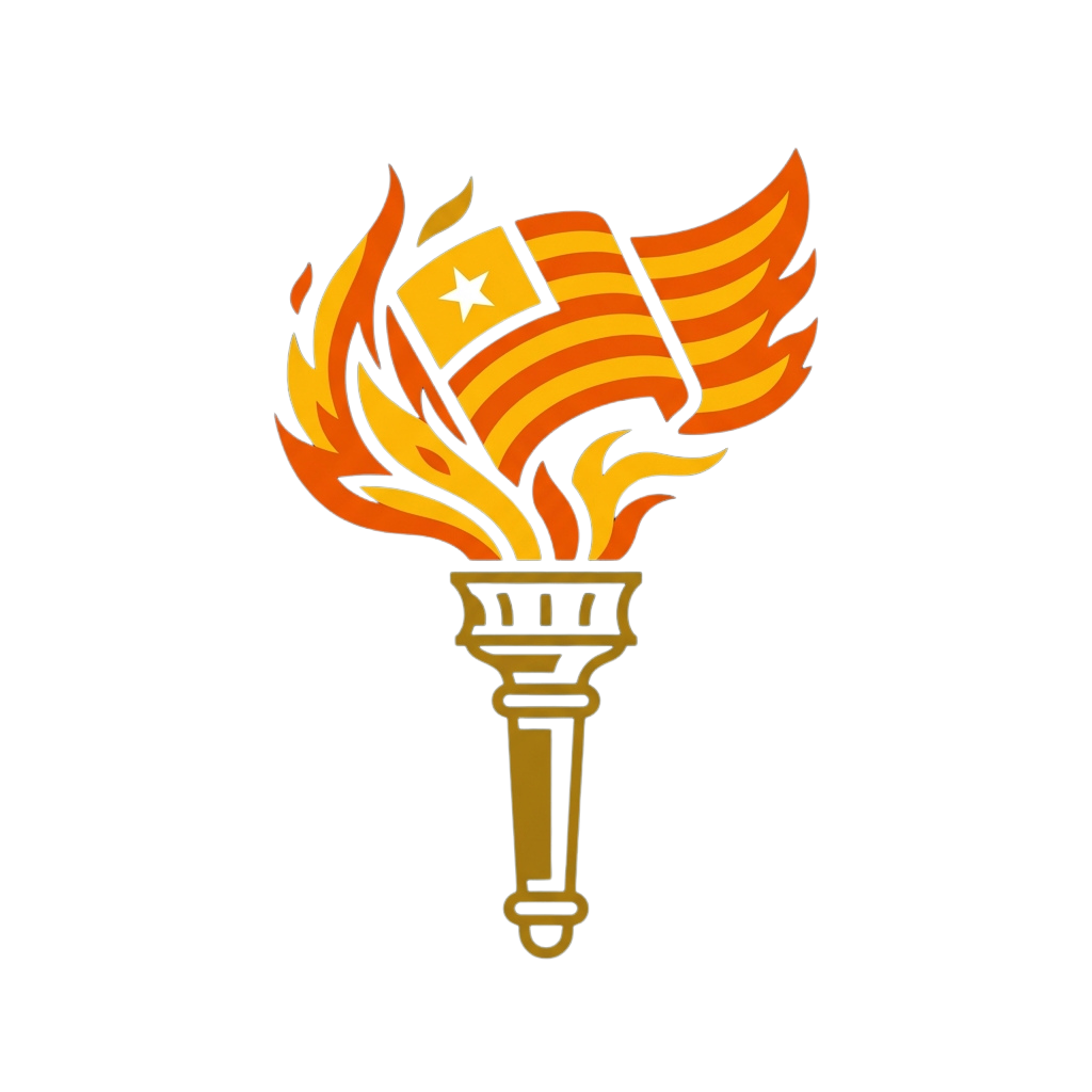 Illustration of an Olympic torch with flames and a flag featuring a star and stripes