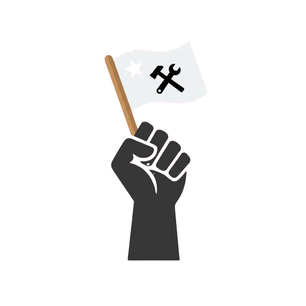 A clenched fist holding a white flag with a star and wrench symbol