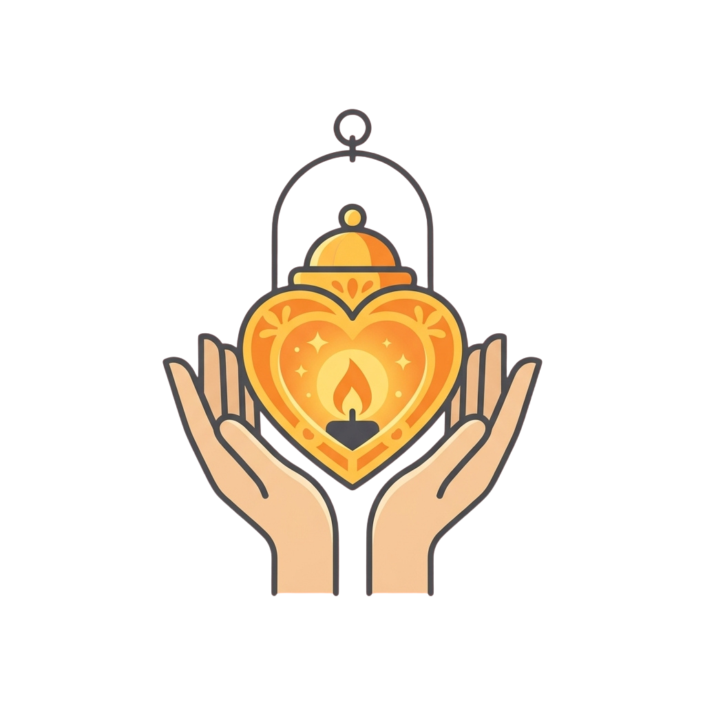 Two hands gently holding a glowing heart-shaped lantern with a lit candle inside.