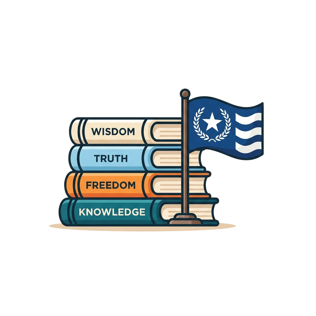 Stack of four books labeled Wisdom, Truth, Freedom, and Knowledge with a flag featuring a star and laurel wreath