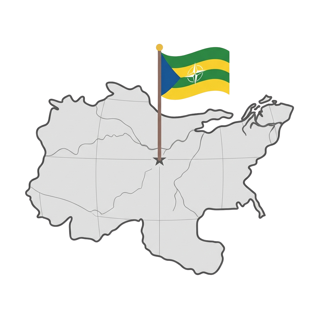 Map of Baden-Wurttemberg with a flag featuring green, yellow, and blue stripes and a white emblem on a pole and star marker