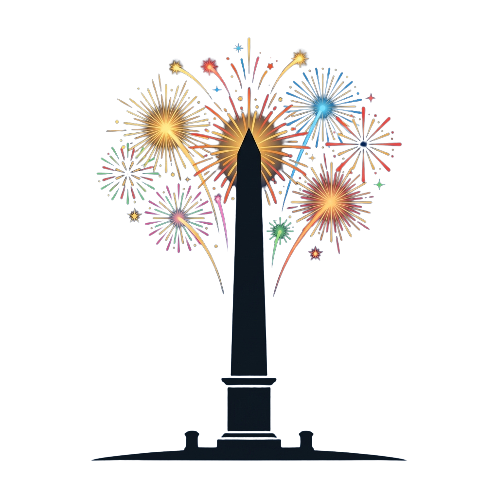 Illustration of a tall monument with colorful fireworks exploding above it against a dark sky