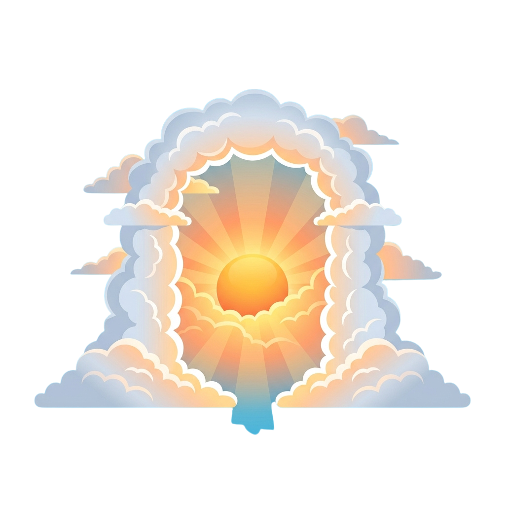 A bright sun shining through a heart-shaped opening in soft white clouds.