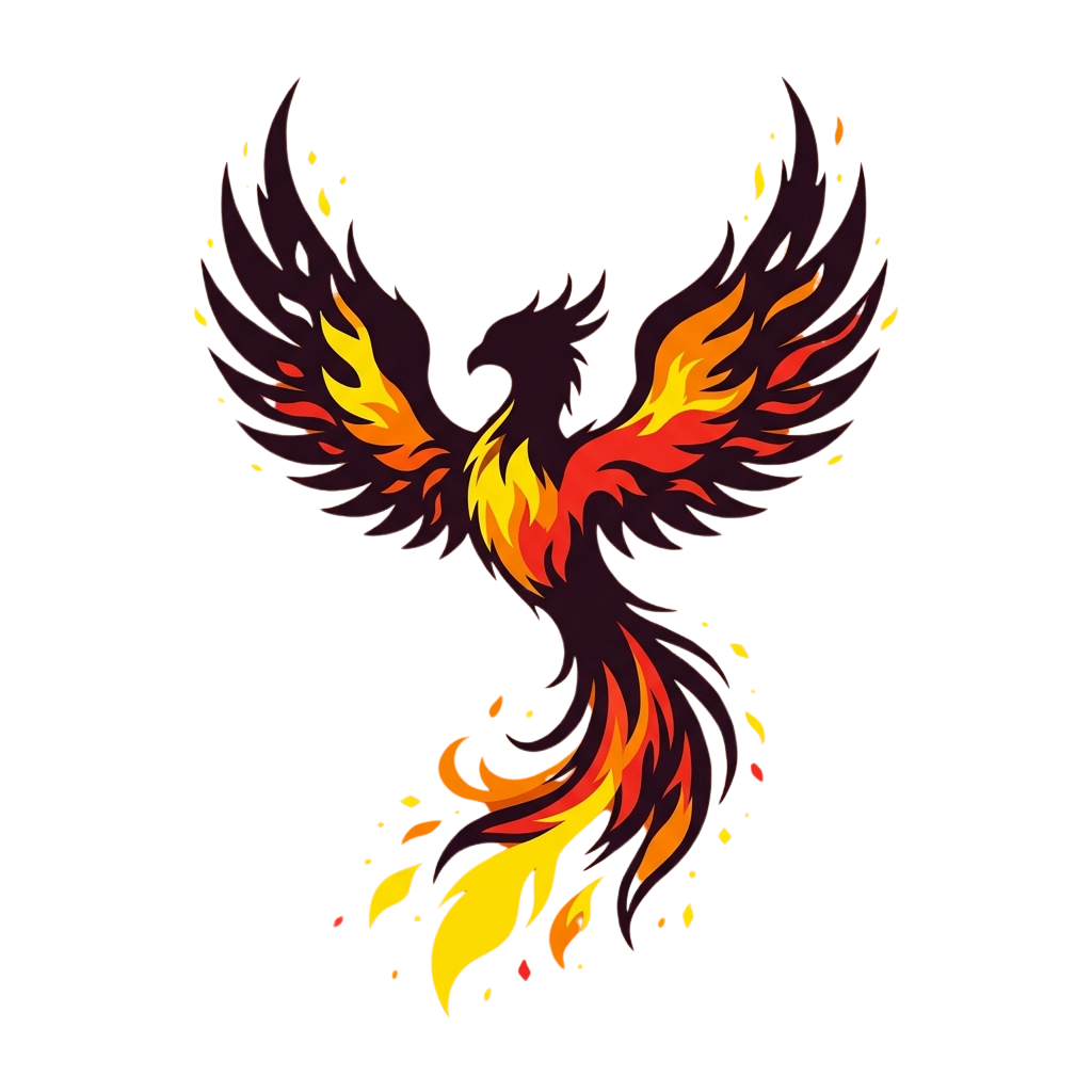 A stylized illustration of a phoenix bird with fiery wings and tail against a dark background
