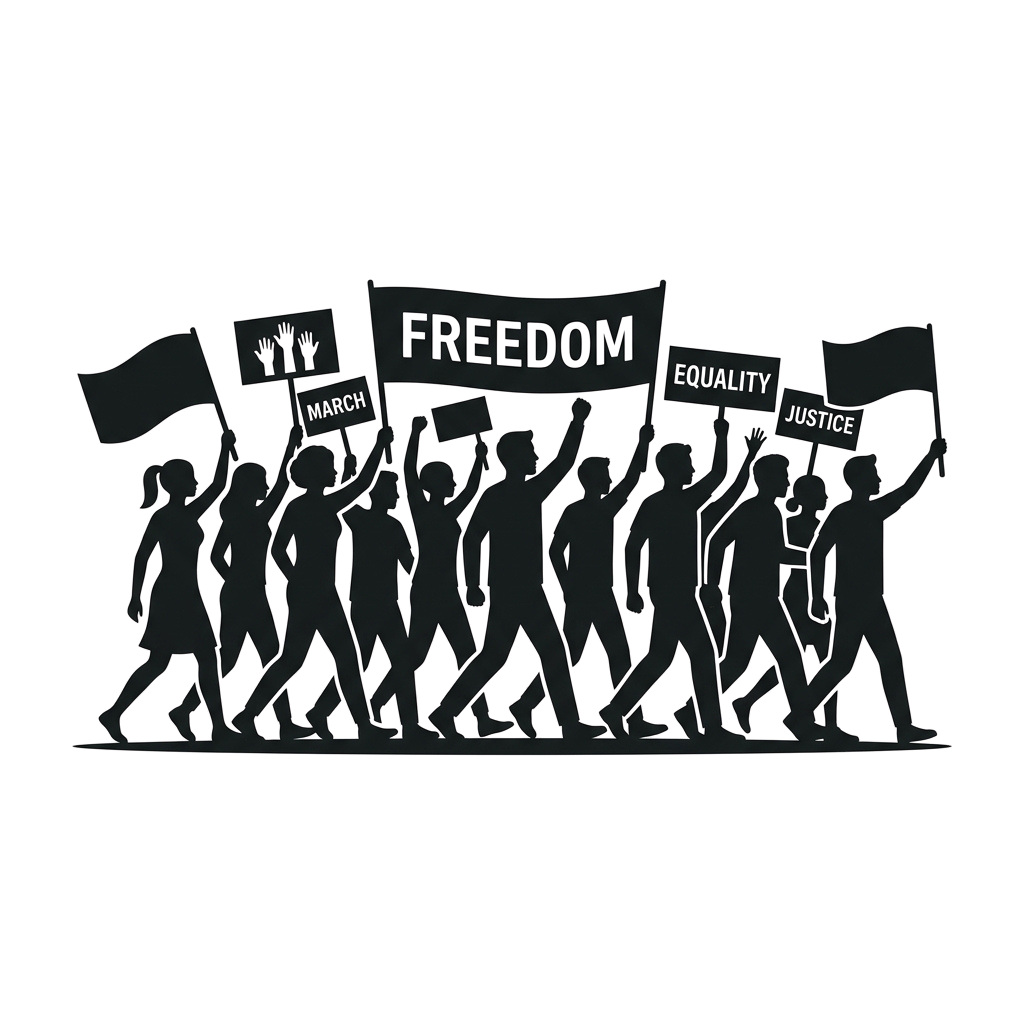 Group of people silhouetted marching while holding signs saying Freedom, Justice, and Equality