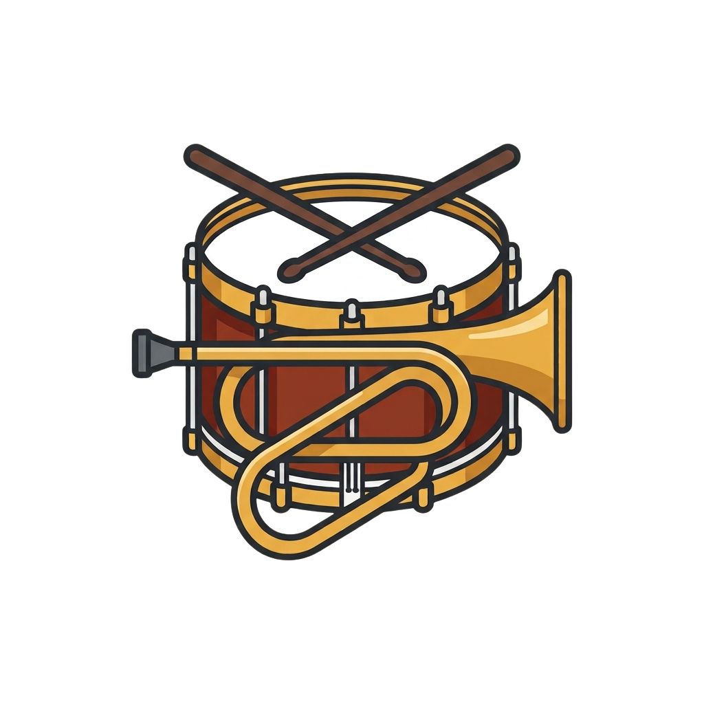 A stylized illustration of a snare drum crossed with a brass bugle or trumpet.