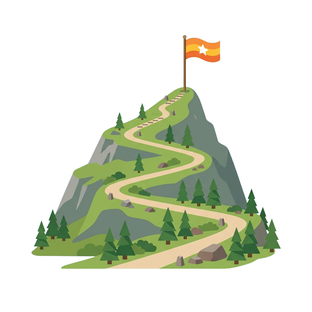 A winding path up a green mountain with a flag at the summit