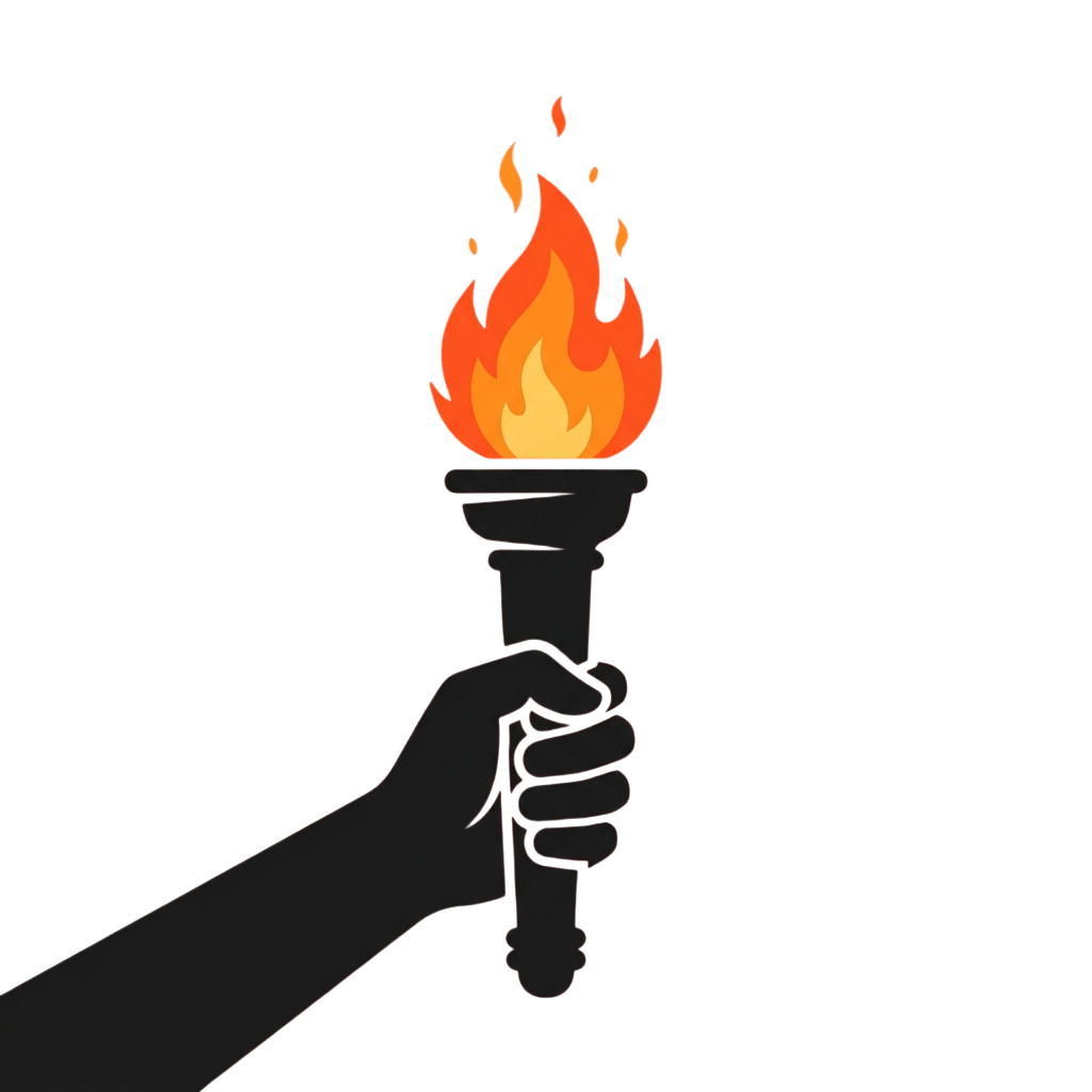 A hand holding a torch with bright orange and yellow flames at the top.