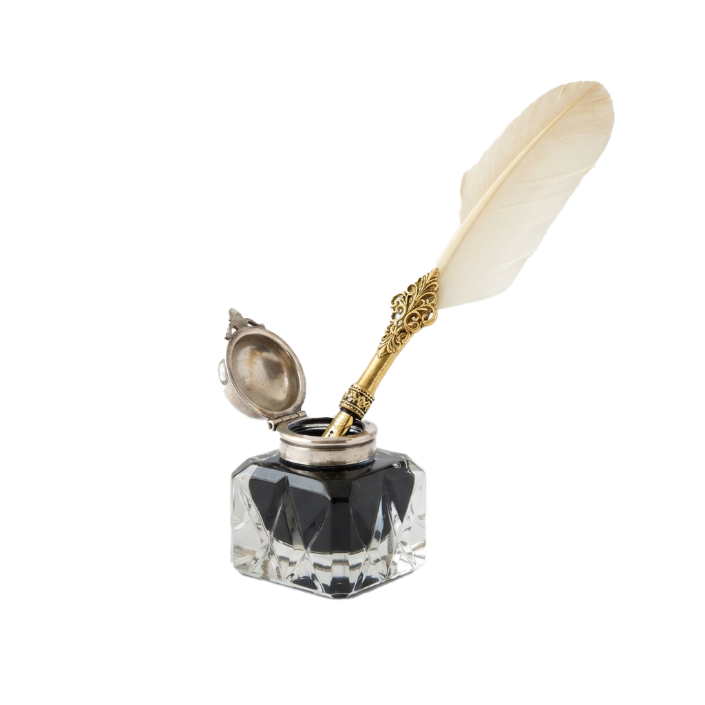 A decorative feather quill pen resting in an open crystal inkwell with a lid