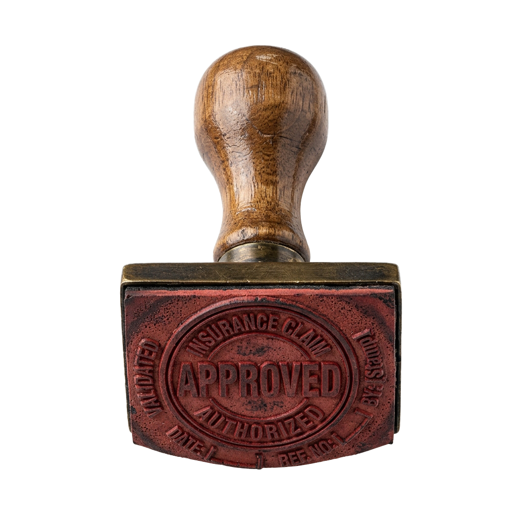A vintage red rubber stamp with the word Approved and Authorized in a circle, attached to a wooden handle.