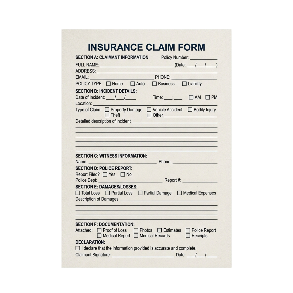 Blank insurance claim form with sections for claimant info, incident details, witness info, police report, damages, and documentation.