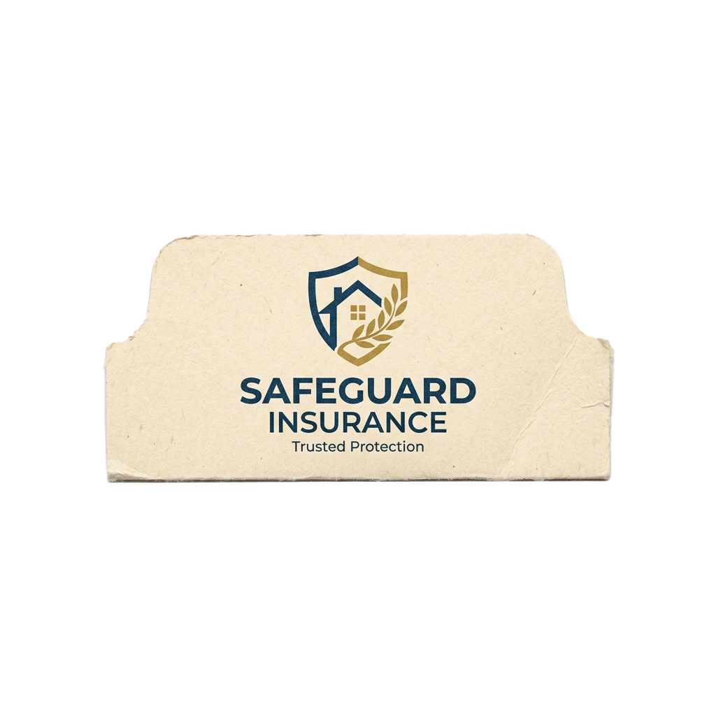 Business card mockup displaying SafeGuard Insurance logo with shield emblem and Trusted Protection tagline