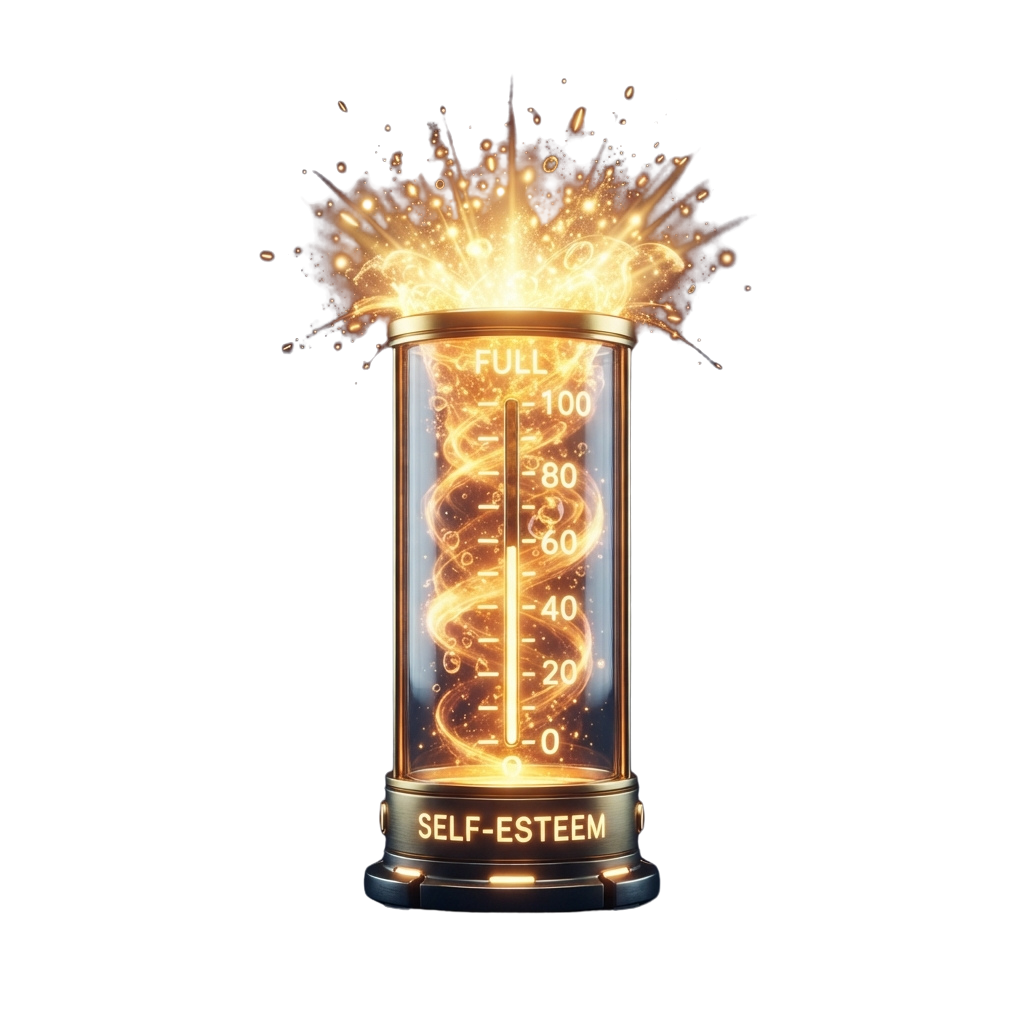A glowing gauge labeled Self-Esteem showing full power with an explosion of golden light at the top