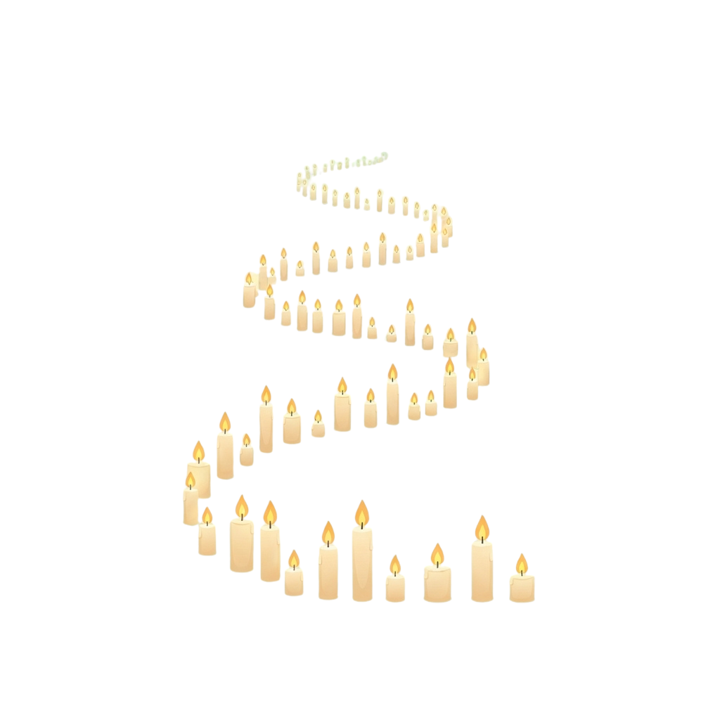 Spiral arrangement of lit candles against a black background