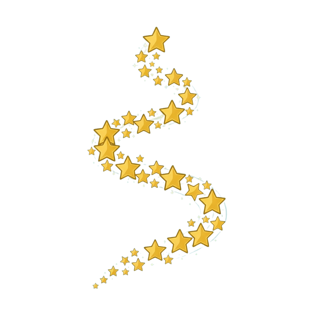 A stylized swirling pattern of golden stars connected by dotted lines on a black background