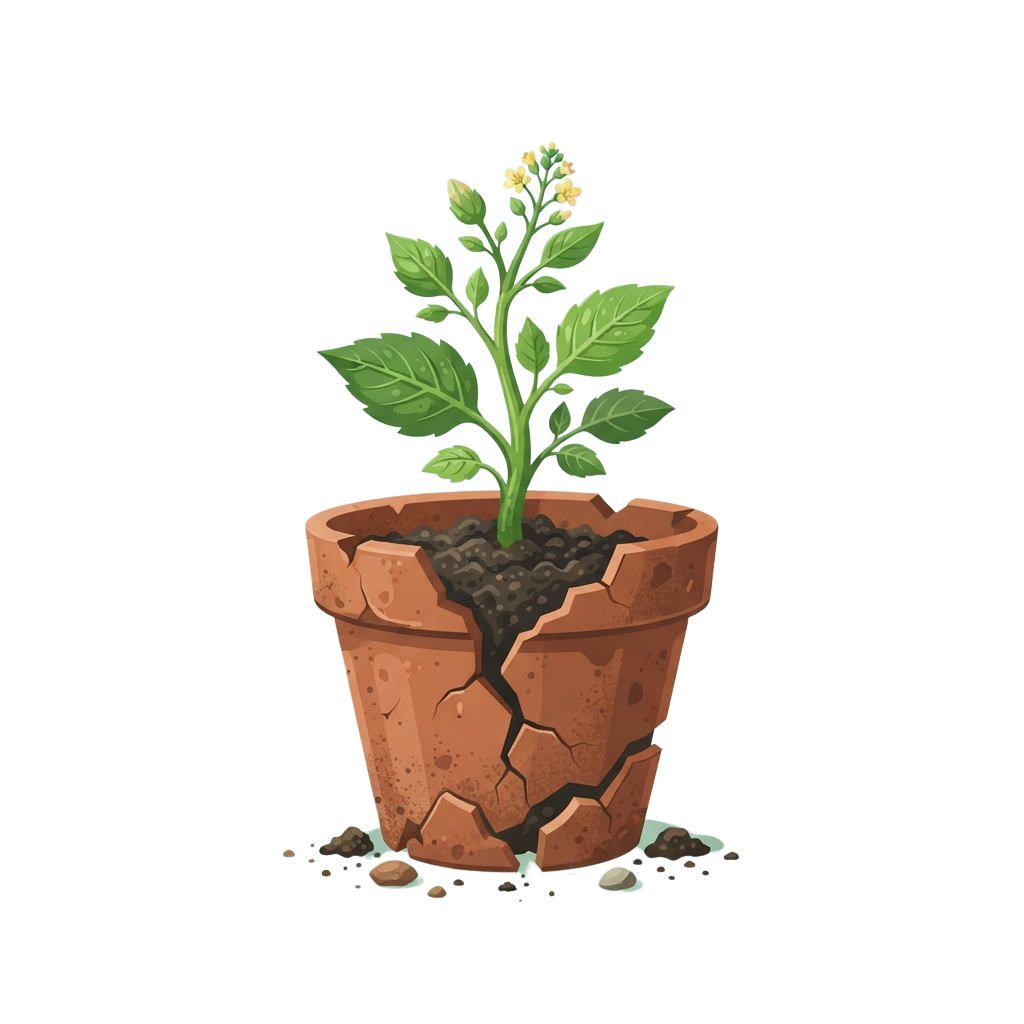 A small green plant growing from a cracked terracotta pot with soil spilling out.