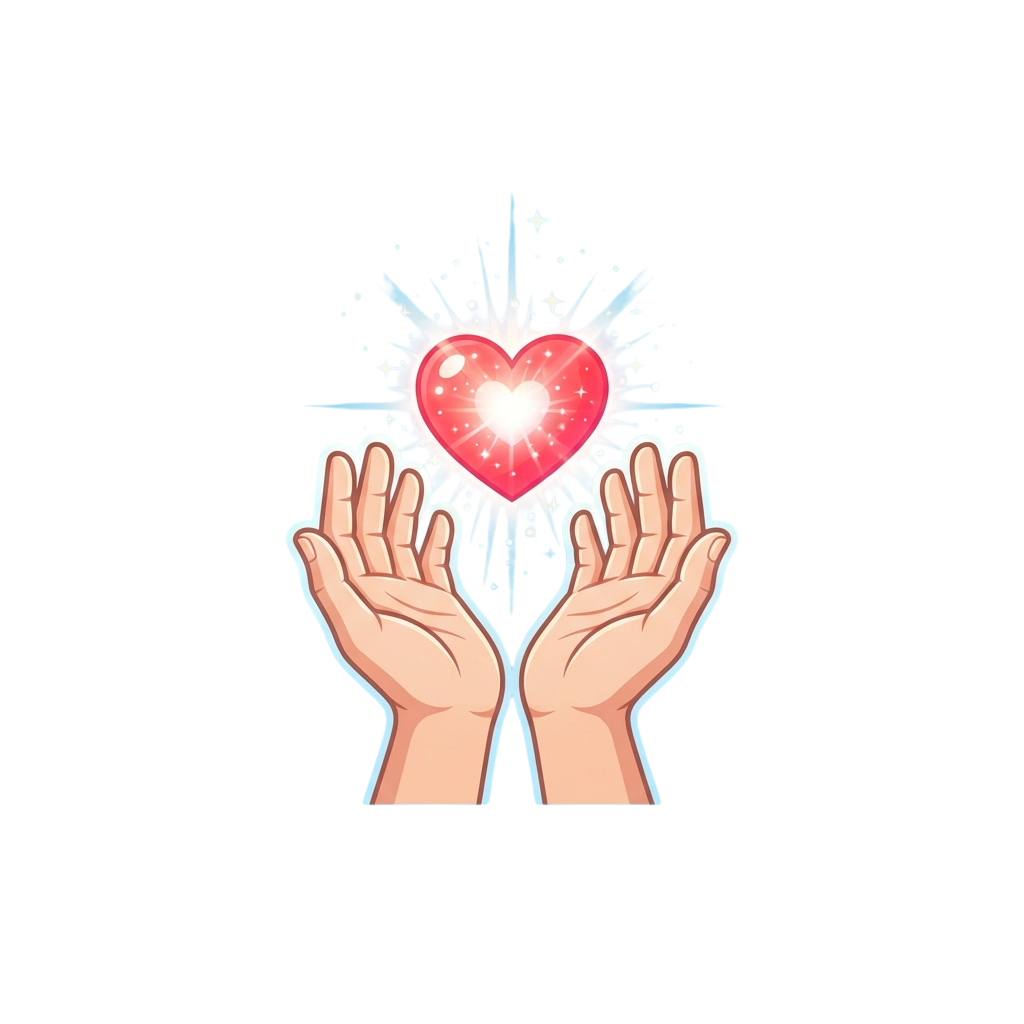 Two hands gently holding a glowing red heart with sparkles around it