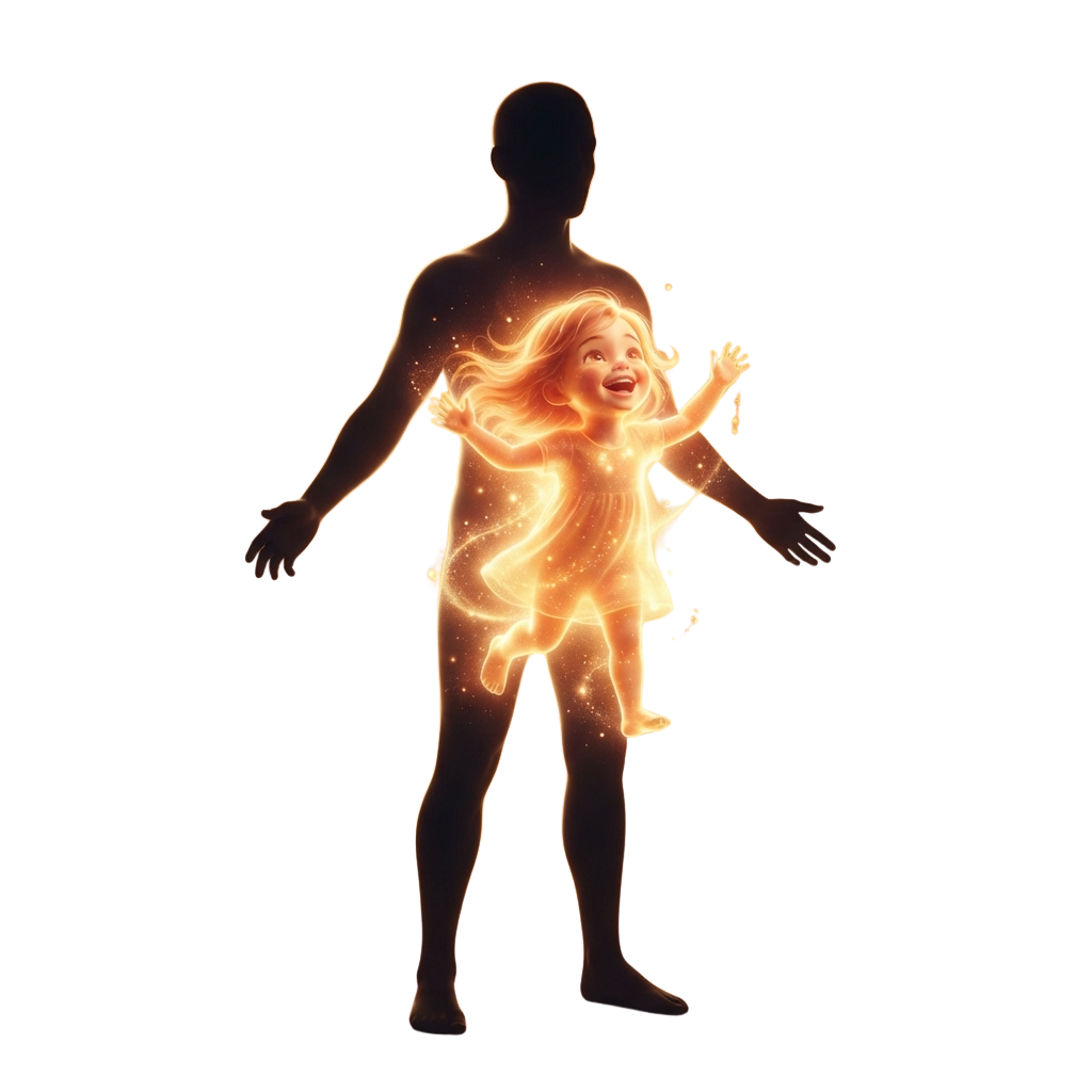 A glowing child figure is embraced by a translucent adult silhouette against a dark background.