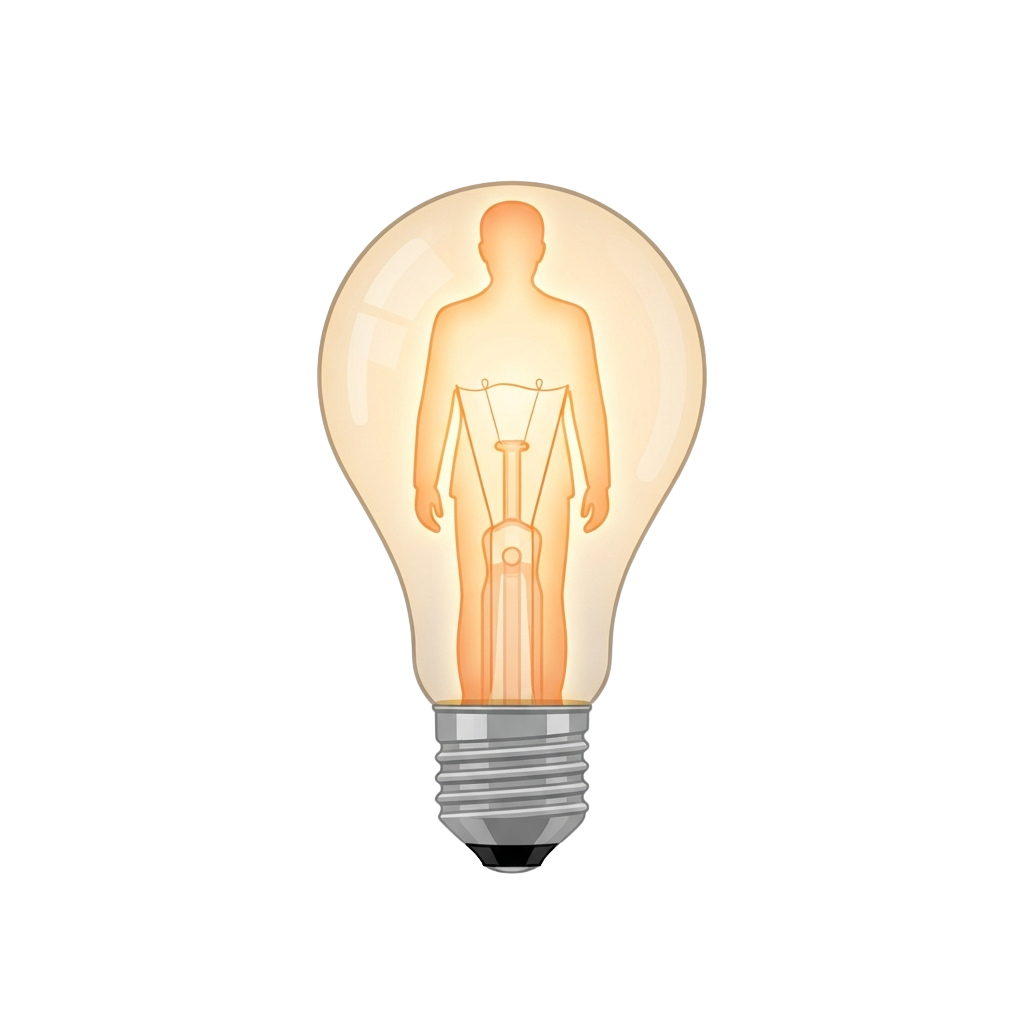 A lightbulb with a human silhouette inside, glowing warmly against a dark background