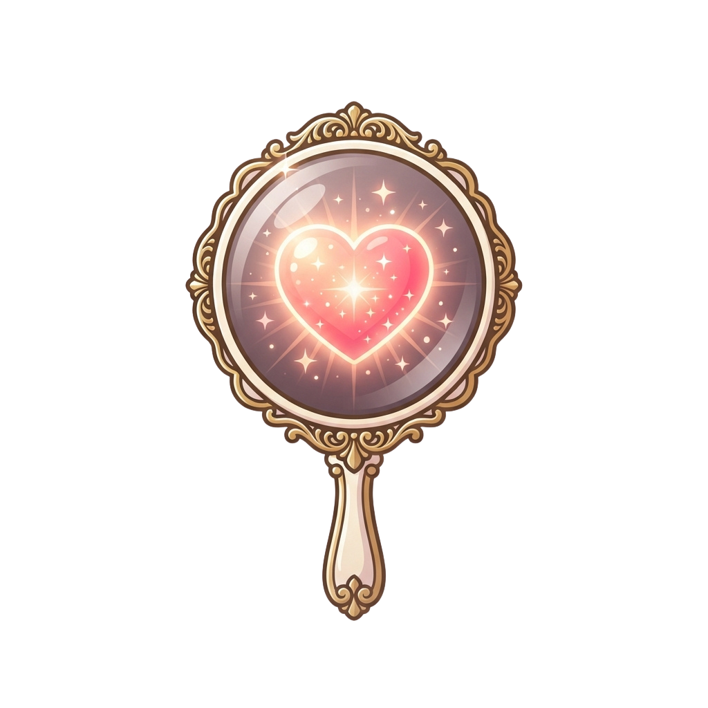 Decorative gold-framed mirror reflecting a glowing pink heart with starburst sparkles