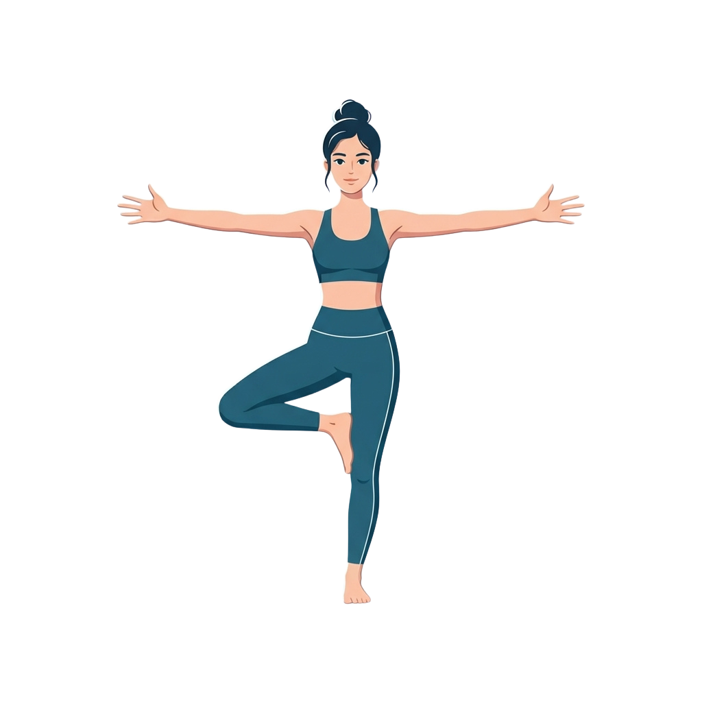 Illustration of a woman in tree yoga pose with arms outstretched and legs bent in a balanced stance