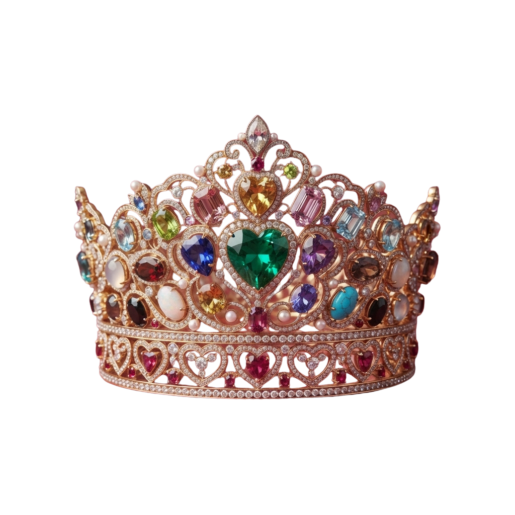 A decorative rose gold crown adorned with colorful gemstones and intricate filigree designs.