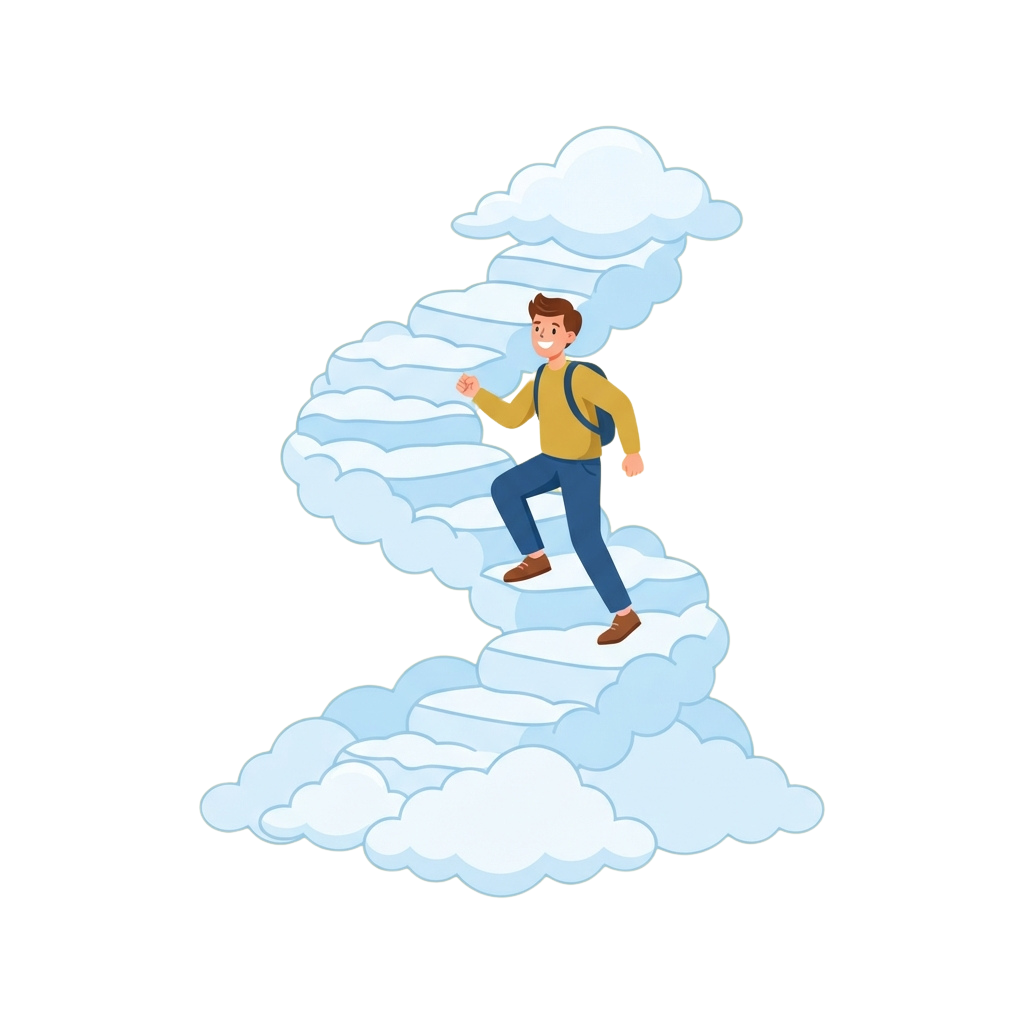 Illustration of a person climbing a staircase formed by fluffy clouds in the sky
