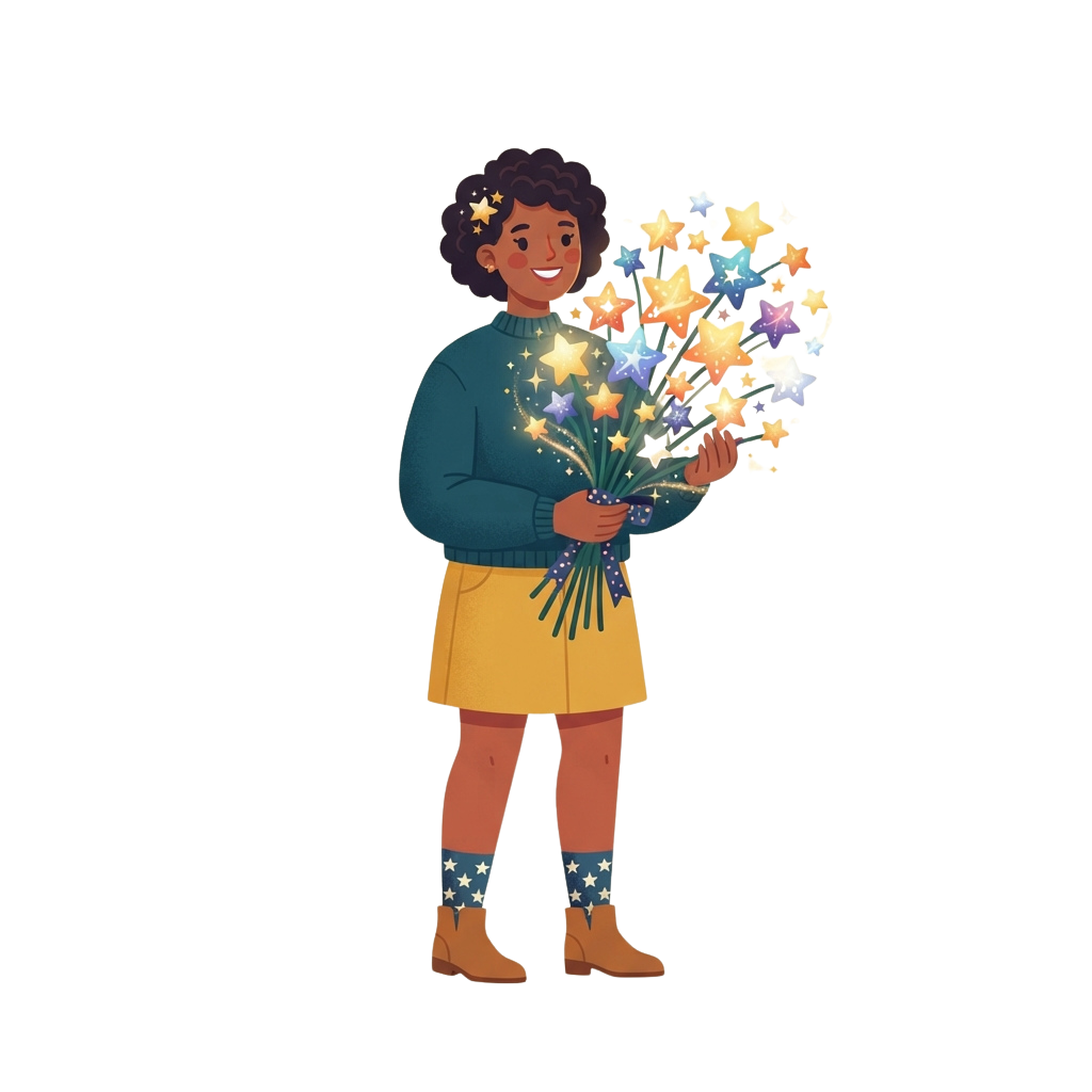 A smiling child holding a colorful bouquet of star-shaped flowers with sparkles.