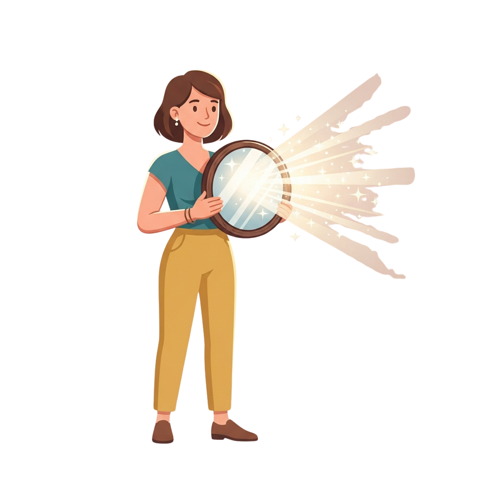 A woman holding a round mirror emitting light rays and sparkles, smiling happily.