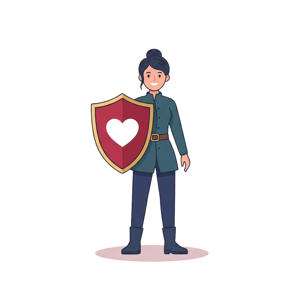 Smiling woman standing with a red shield featuring a white heart emblem