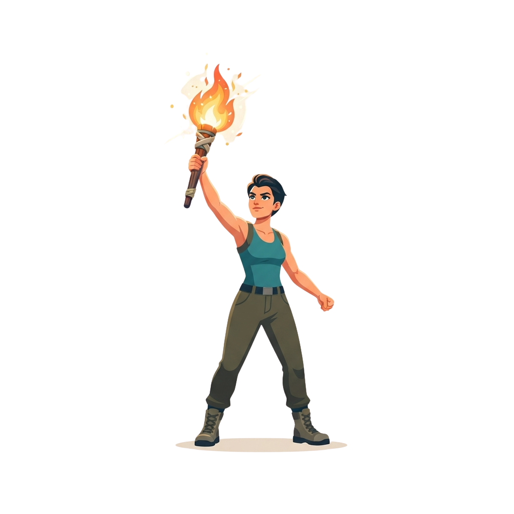 Illustration of a person holding a flaming torch with fire sparks around it