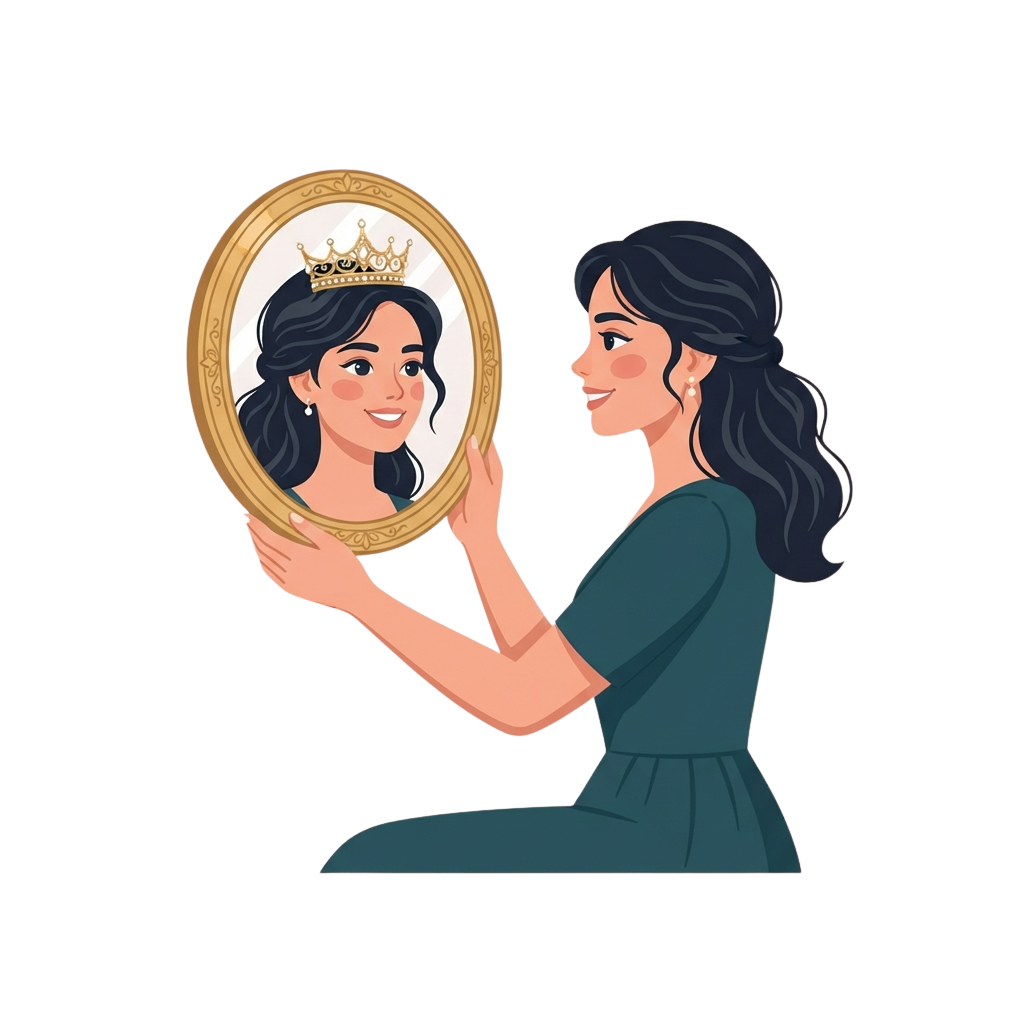 A woman smiling while holding a framed mirror showing a crowned portrait of herself