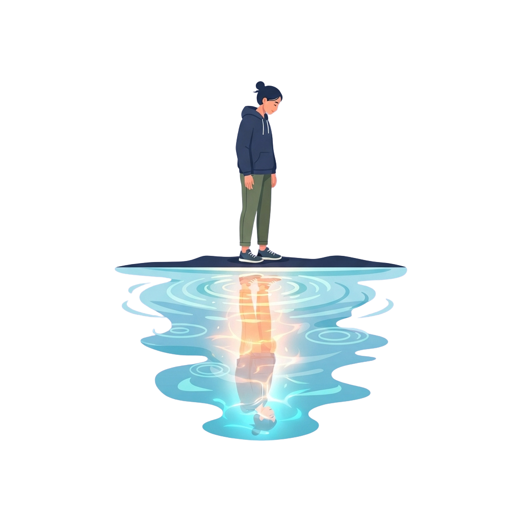 A person standing on a thin layer of ice floating on water with a reflection beneath them.