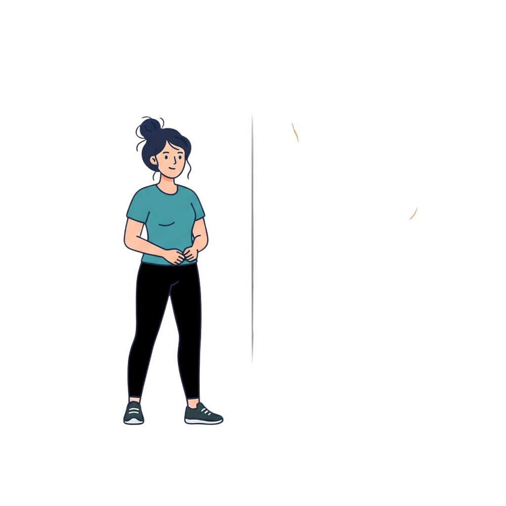 A cartoon character standing with hands clasped, facing a vertical white line on a black background