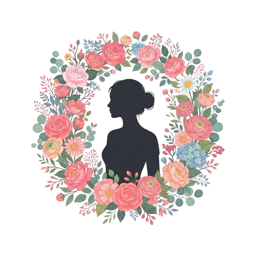 Silhouette of a person surrounded by a circular floral wreath with pink roses, daisies, and greenery