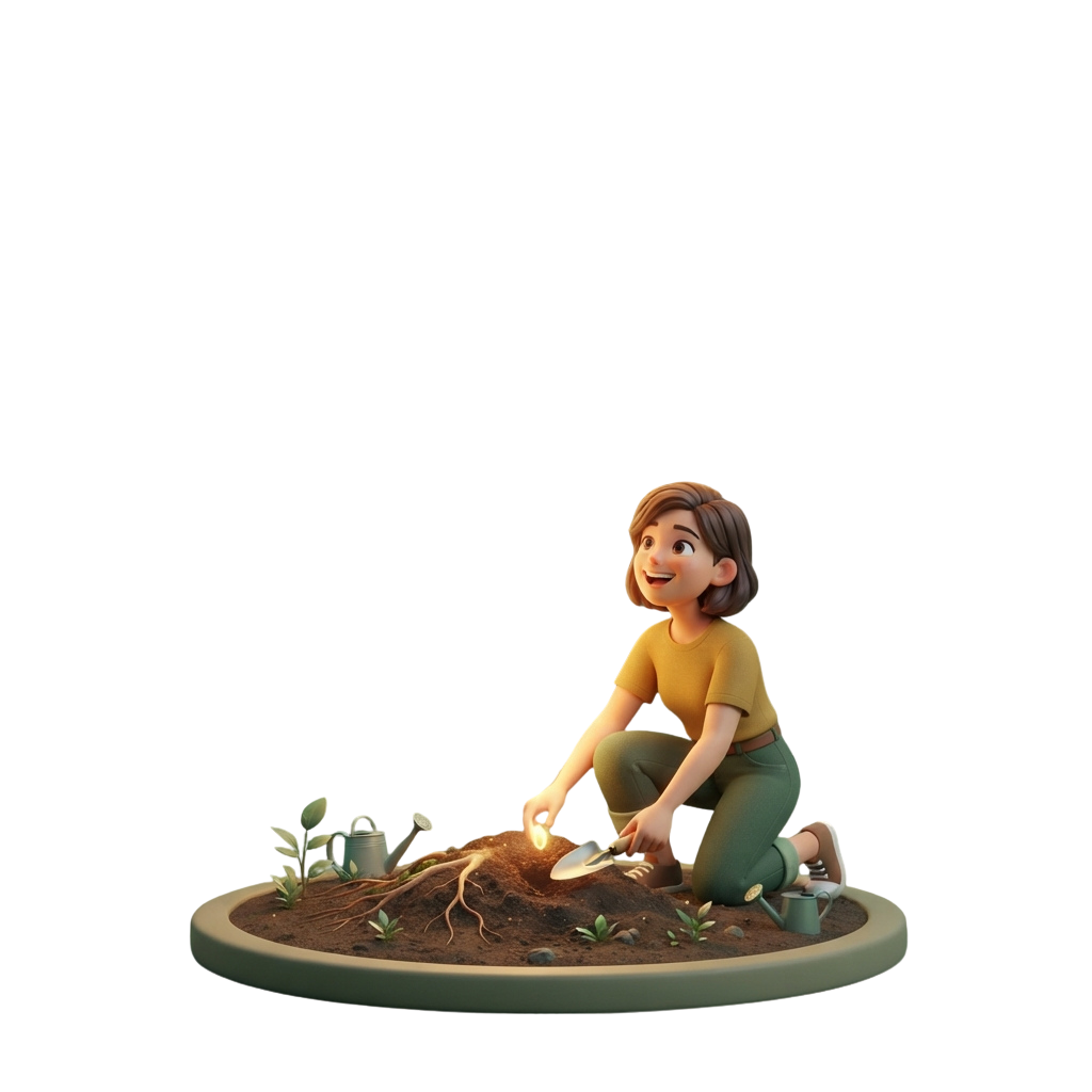 A smiling child squatting in a garden bed, planting seeds with a small shovel and watering can.