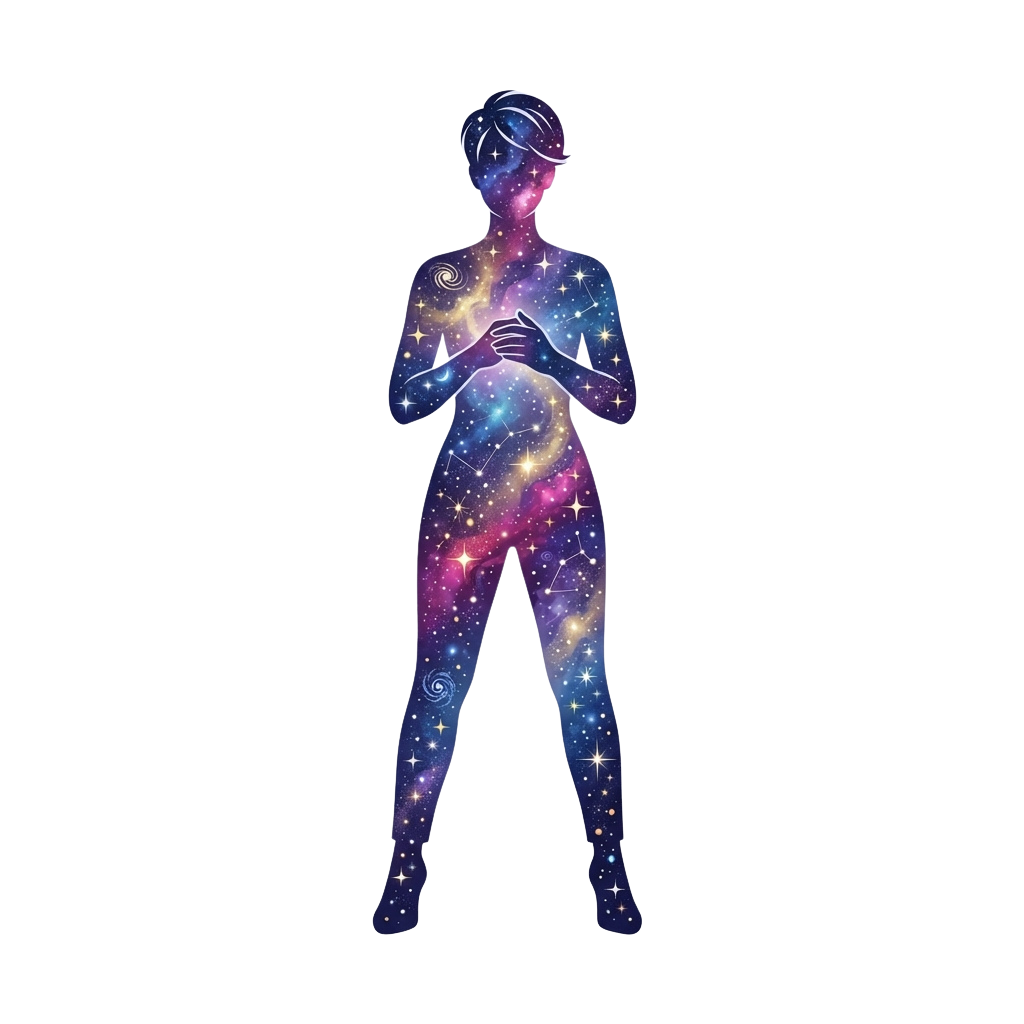 Silhouette of a woman with glowing stars and constellations on her body against a black background