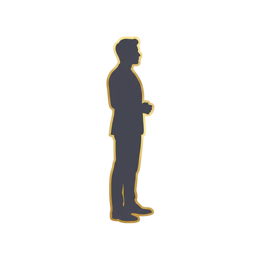 A silhouette of a person standing with hands clasped in front, outlined in gold on a dark background